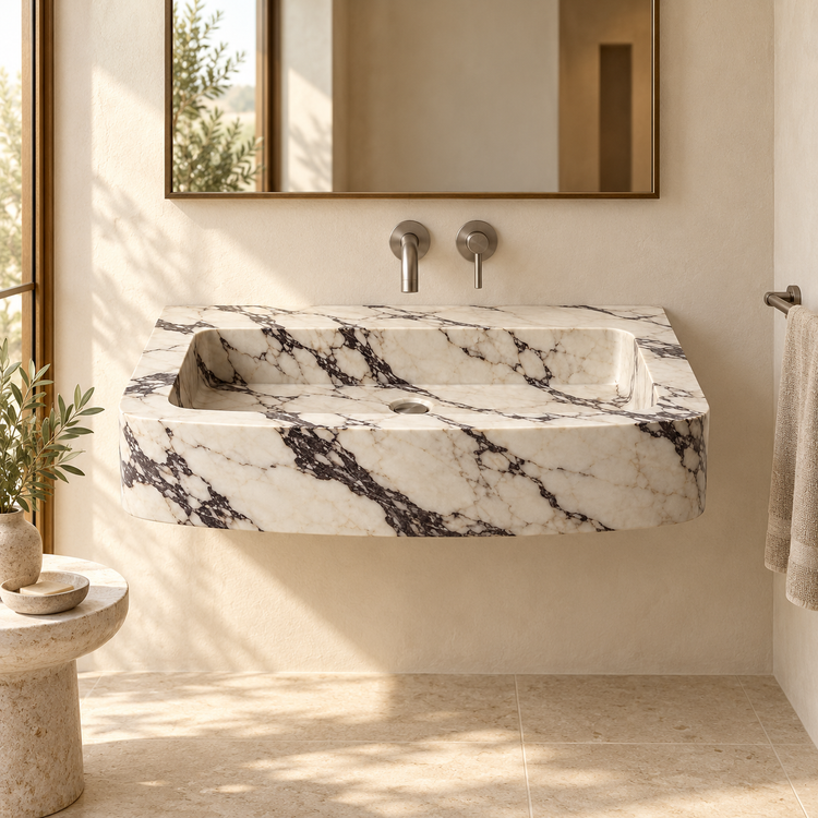 Vela Calacatta Viola floating marble sink, styled bathroom, design rendering