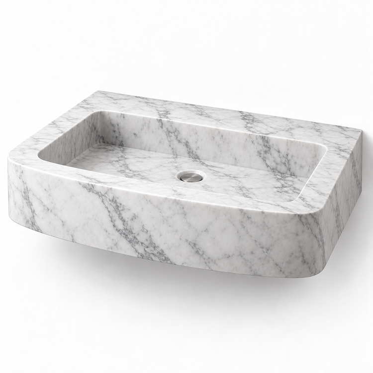 Vela Carrara Bowed Front Floating Marble Sink, three-quarter view on white, design rendering