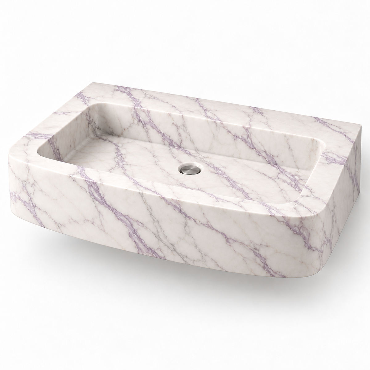 Vela Lilac Bowed Front Floating Marble Sink, three-quarter view on white, design rendering