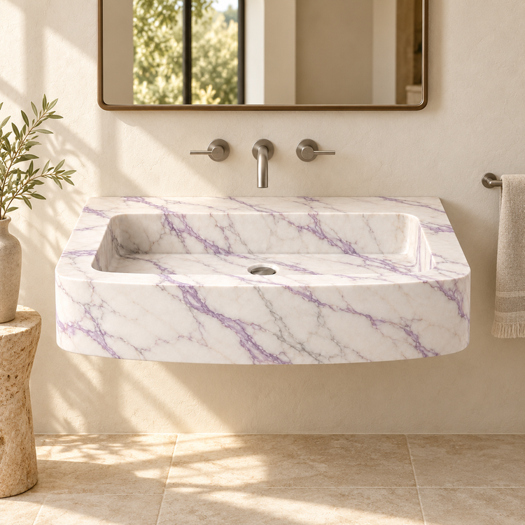 Vela Lilac Bowed Front Floating Marble Sink, styled bathroom view, design rendering