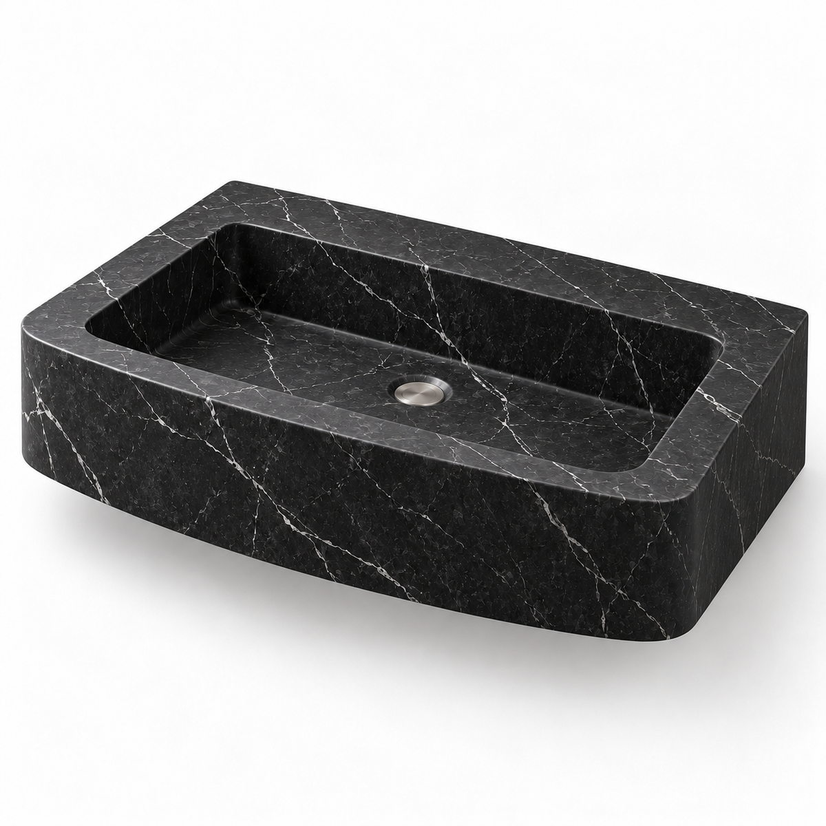 Vela Nero Marquina Bowed Front Floating Marble Sink, three-quarter view on white, design rendering