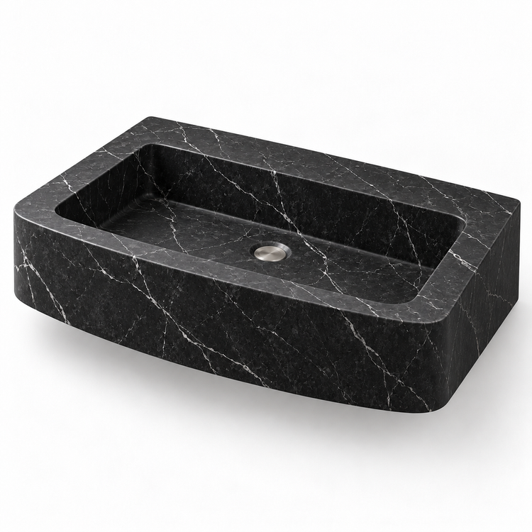 Vela Nero Marquina Bowed Front Floating Marble Sink, three-quarter view on white, design rendering