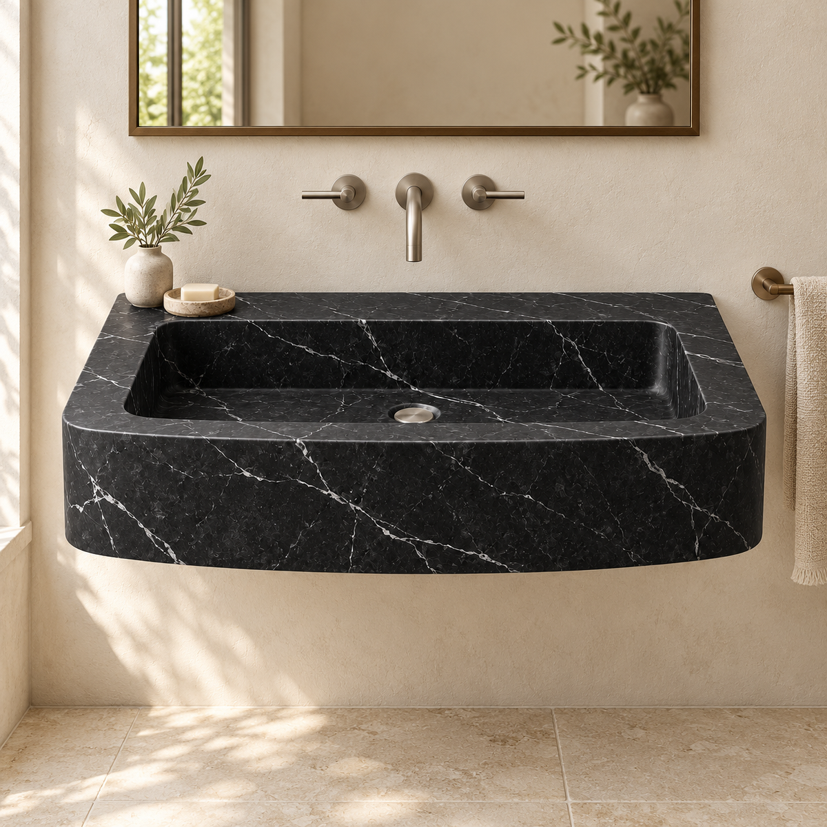 Vela Nero Marquina Bowed Front Floating Marble Sink, styled bathroom view, design rendering
