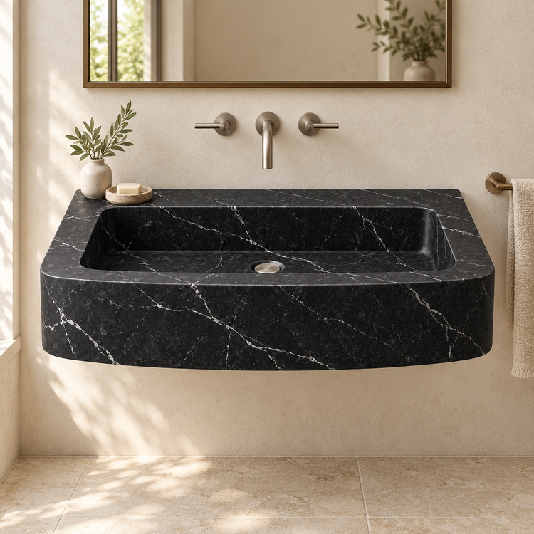 Vela Nero Marquina Bowed Front Floating Marble Sink, styled bathroom view, design rendering