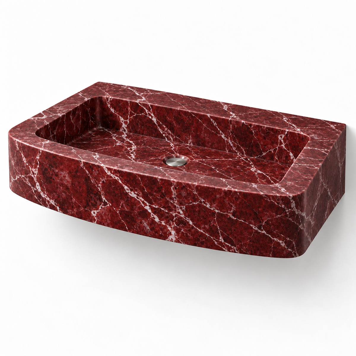 Vela Rosso Levanto Bowed Front Floating Marble Sink, three-quarter view on white, design rendering