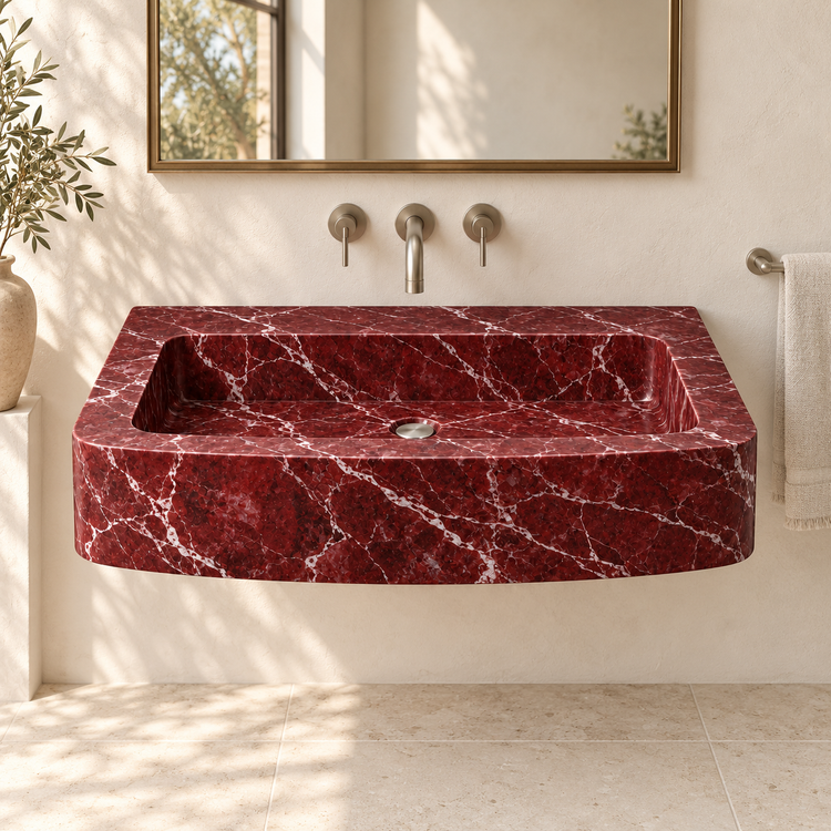 Vela Rosso Levanto Bowed Front Floating Marble Sink, styled bathroom view, design rendering