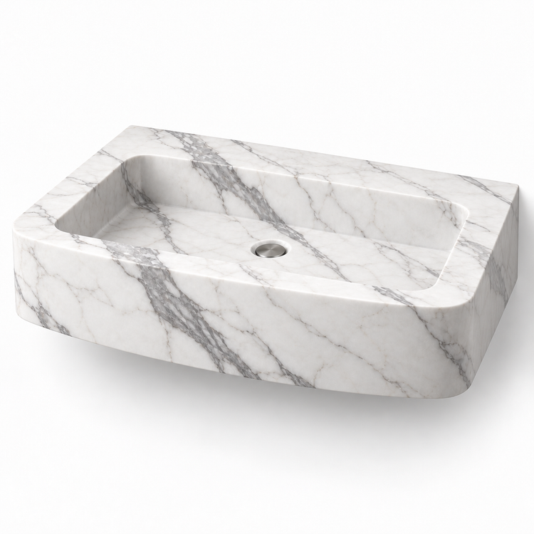 Vela Statuario Bowed Front Floating Marble Sink, three-quarter view on white, design rendering