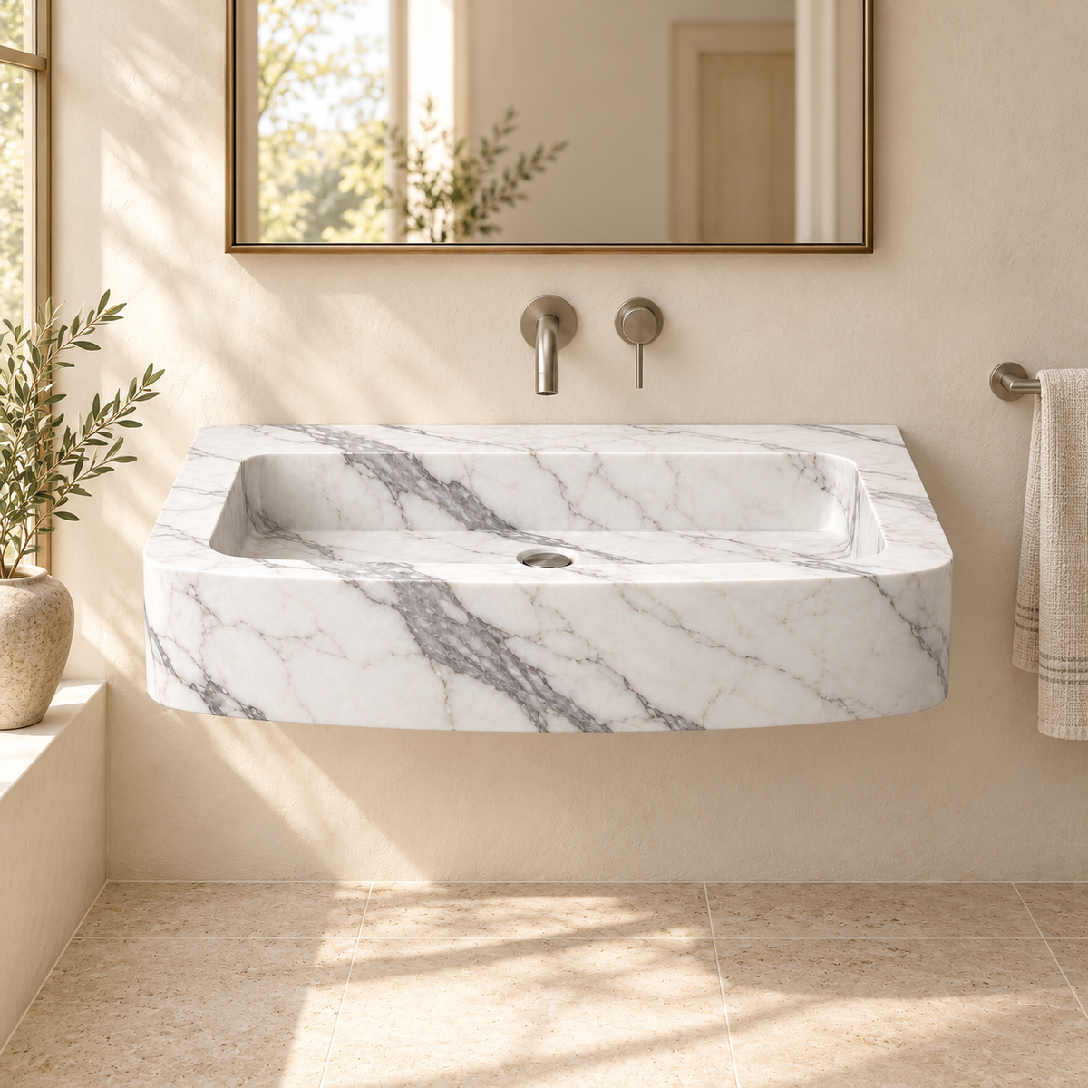 Vela Statuario Bowed Front Floating Marble Sink, styled bathroom view, design rendering