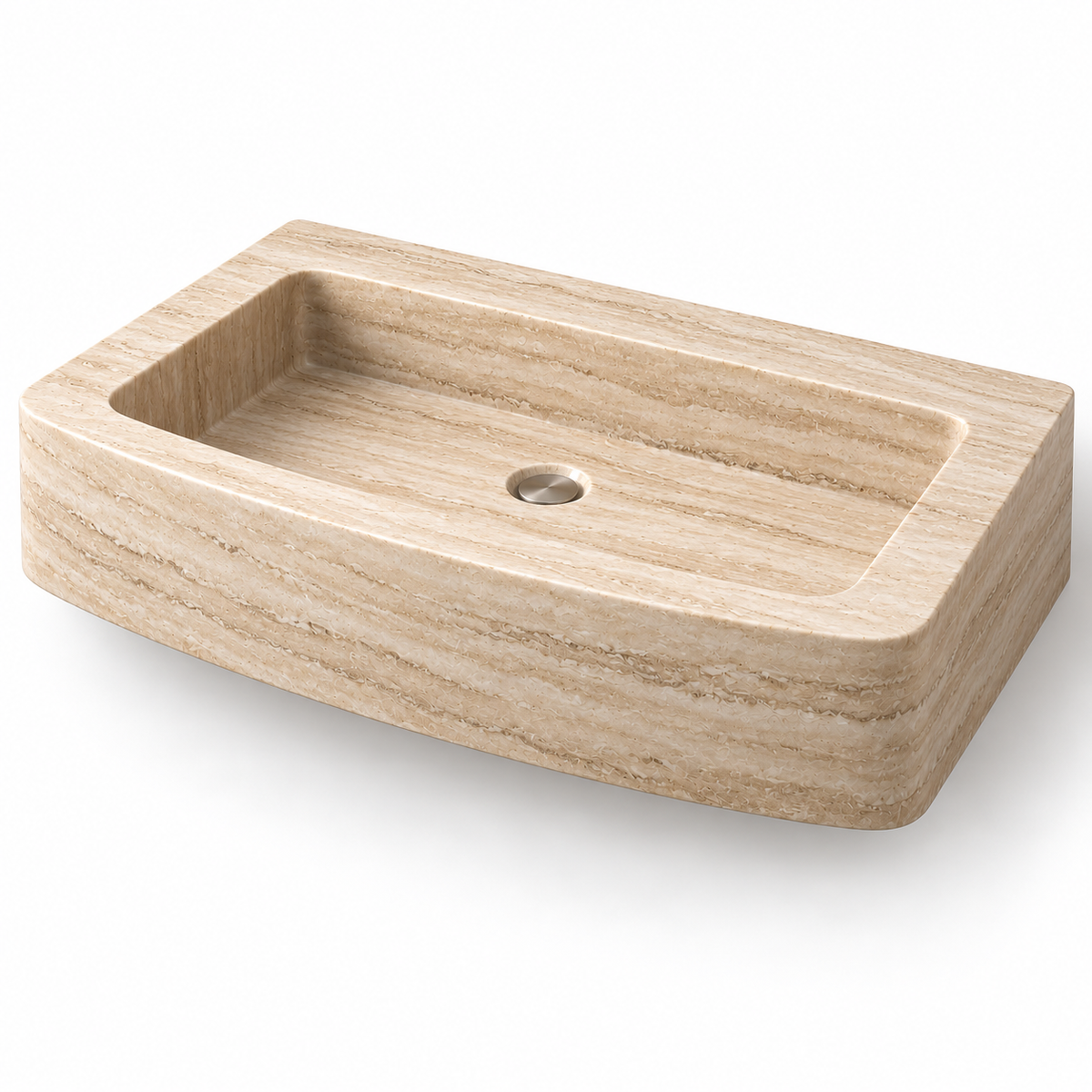 Vela Travertine Bowed Front Floating Stone Sink, three-quarter view on white, design rendering