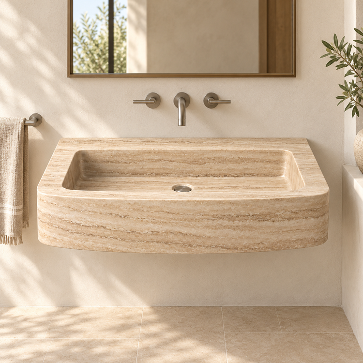 Vela Travertine Bowed Front Floating Stone Sink, styled bathroom view, design rendering