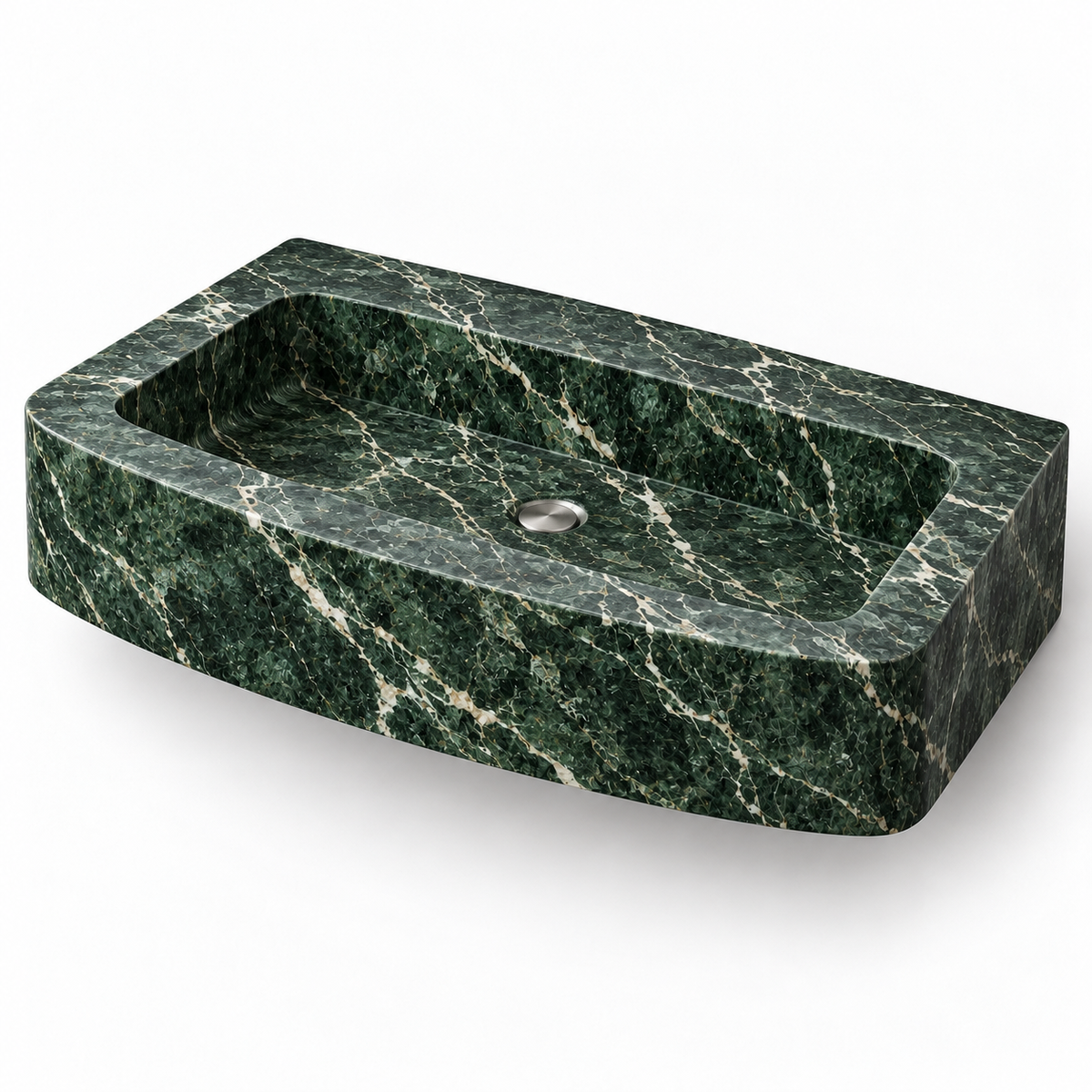 Vela Verde Alpi Bowed Front Floating Marble Sink, three-quarter view on white, design rendering