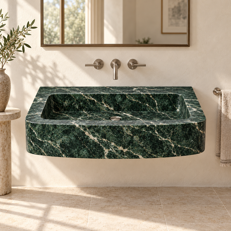 Vela Verde Alpi Bowed Front Floating Marble Sink, styled bathroom view, design rendering