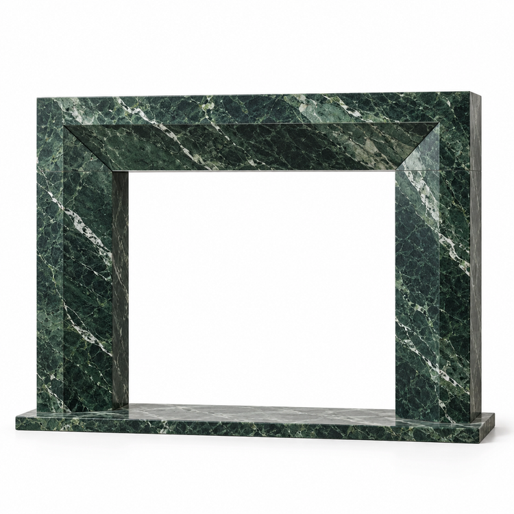 Verde Alpi Chamfered Frame Marble Fireplace Surround with Hearth on white background