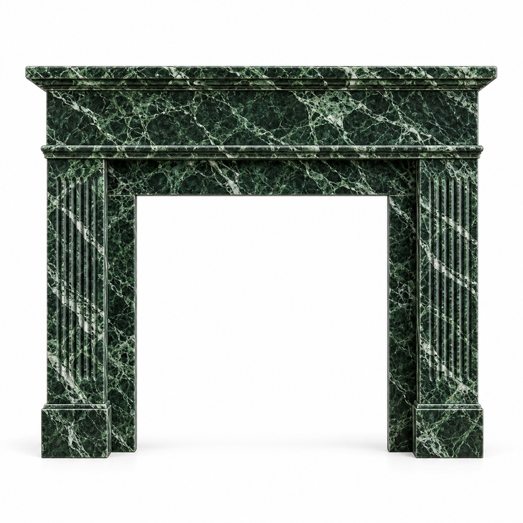 Verde Alpi Classic Fluted Marble Fireplace Mantel on white background