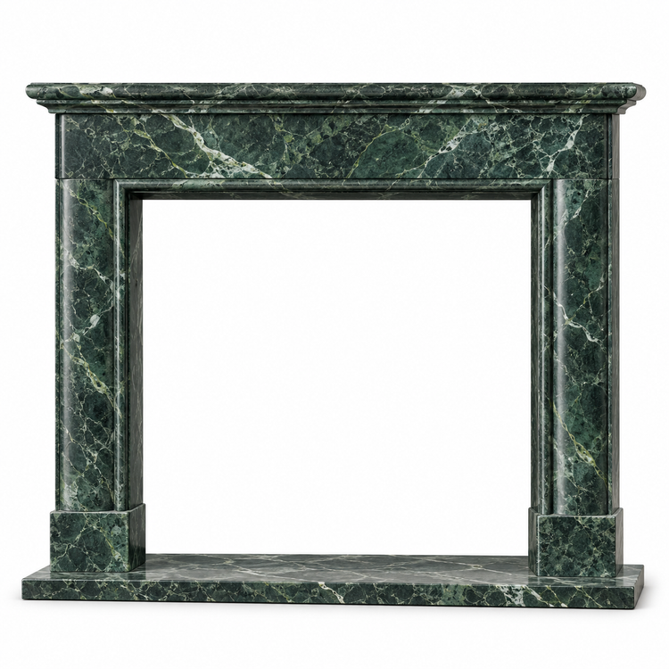 Verde Alpi Classic Shelf Bolection Marble Fireplace Mantel with Hearth on white background