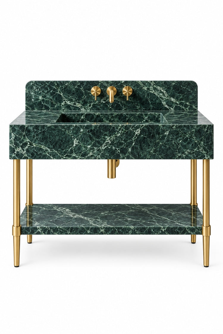 Verde Alpi Green marble console bathroom vanity with straight backsplash, matching marble shelf and brass finish legs, white background digital design visualization