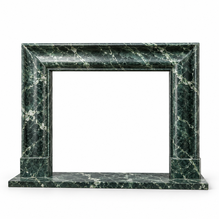 Verde Alpi Coved Frame Marble Fireplace Mantel with Hearth on white background