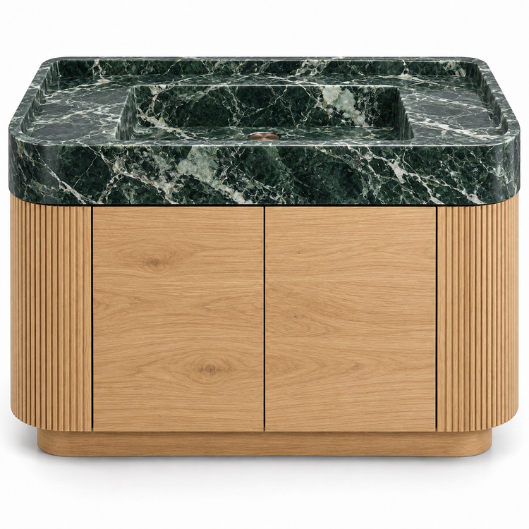 Verde Alpi integrated sink with curved natural oak vanity and fluted sides, front view