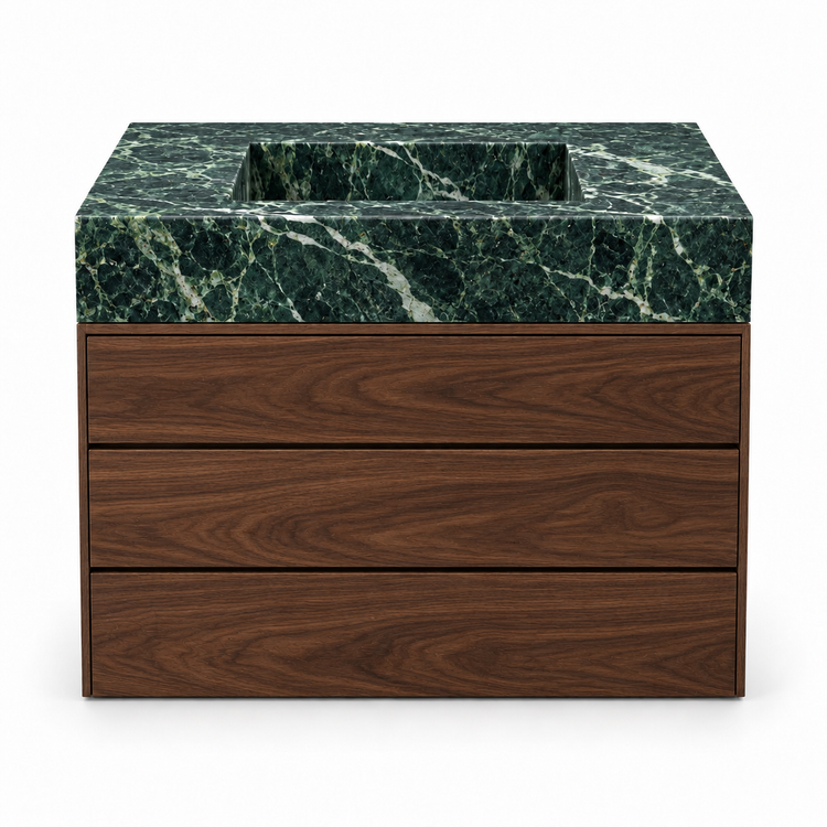 Verde Alpi integrated stone sink with dark walnut three-drawer vanity, front view
