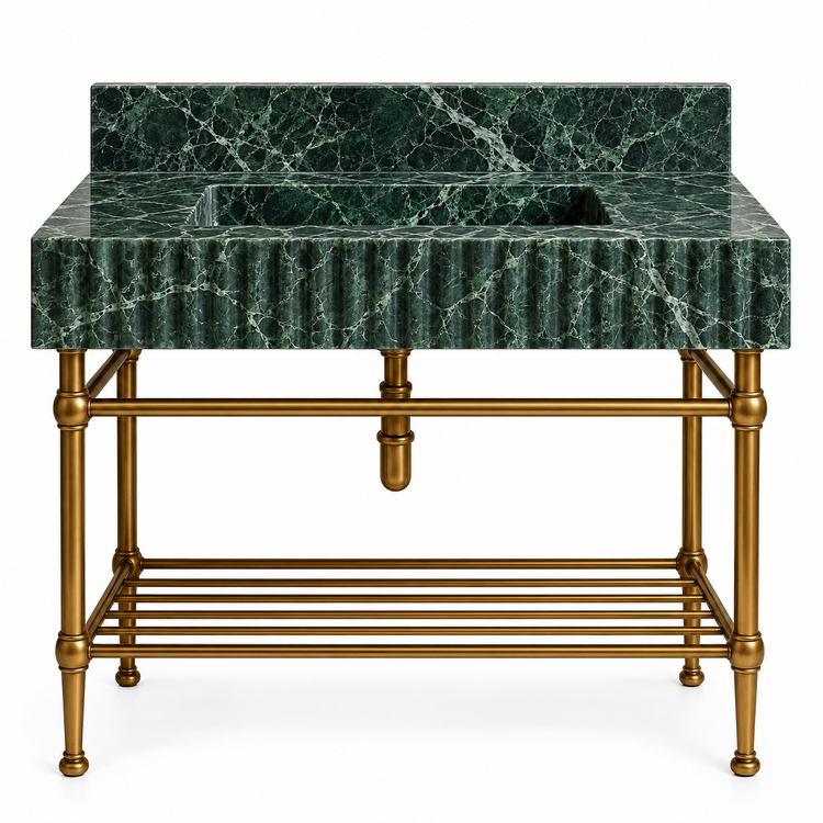 Verde Alpi fluted console sink, backsplash and brass rack shelf, front view