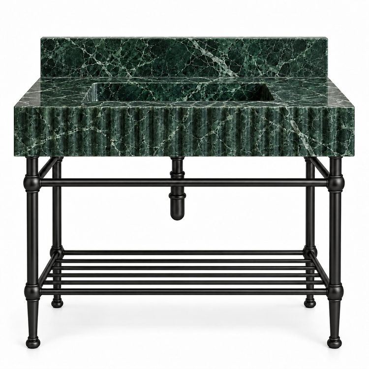 Verde Alpi fluted sink with matte black console legs and lower shelf, front view