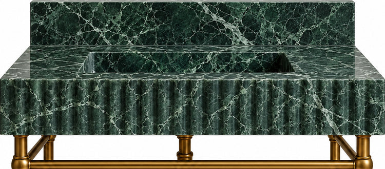 Verde Alpi Marble Fluted Console Sink with Backsplash and Metal Legs and Rack Shelf - basin and stone apron detail
