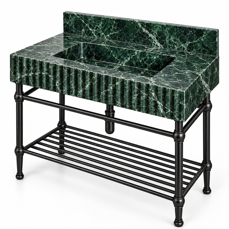 Verde Alpi Marble Fluted Console Sink with Backsplash and Matte Black Legs, alternate angle on white, design rendering