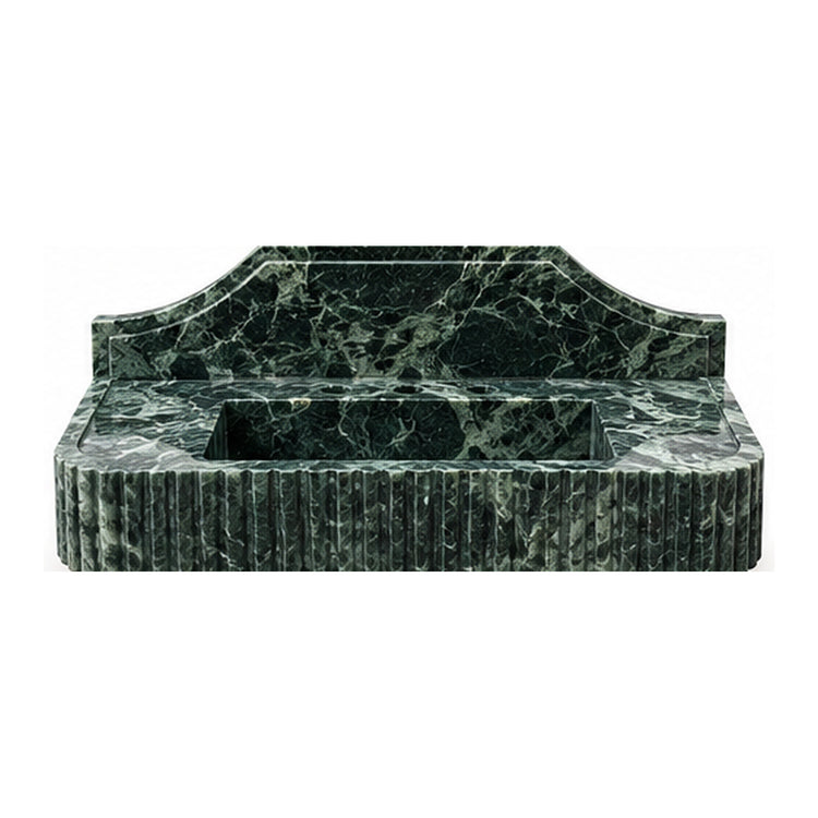 Verde Alpi fluted marble sink with sculpted arched backsplash and integrated basin on white background, design visualization