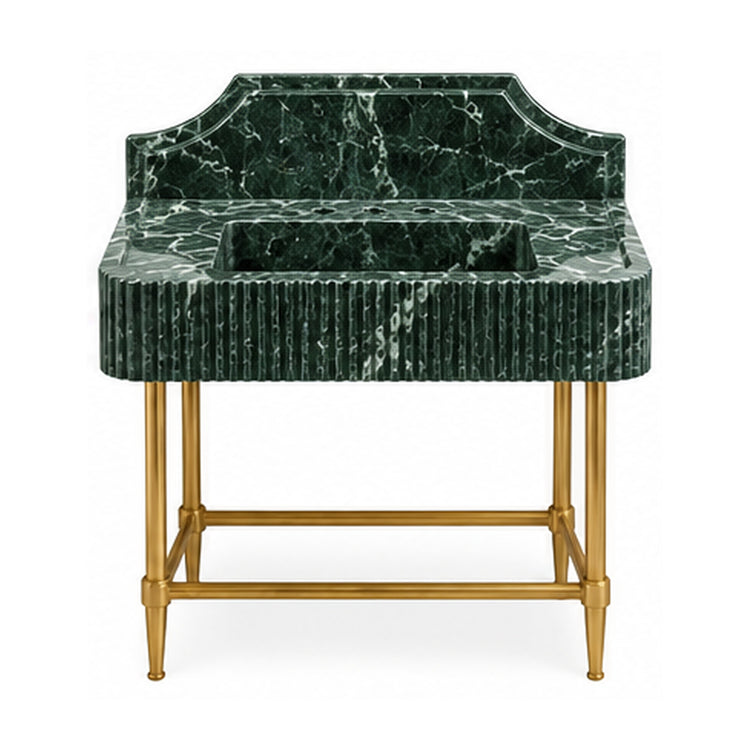 Verde Alpi Green fluted marble console sink with curved backsplash and brass legs, white background digital design visualization