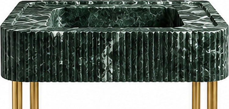Verde Alpi Green Fluted Marble Console Sink with Brass Legs - basin and stone apron detail