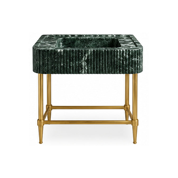 Verde Alpi Green fluted integrated marble sink vanity with brass finish metal console legs on a white background, design visualization
