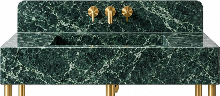 Verde Alpi Green Marble Console Vanity with Brass Legs, Shelf & Backsplash - basin and stone apron detail