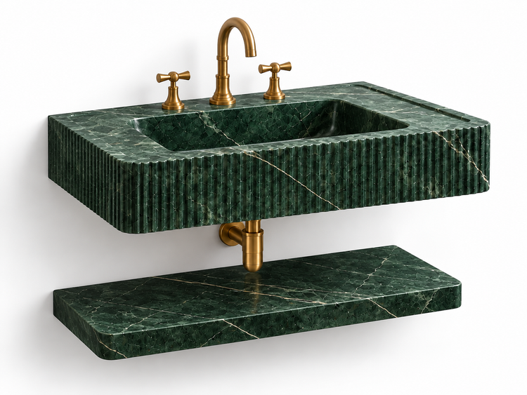 Verde Alpi Green Marble Floating Sink with Shelf, side view (design rendering)