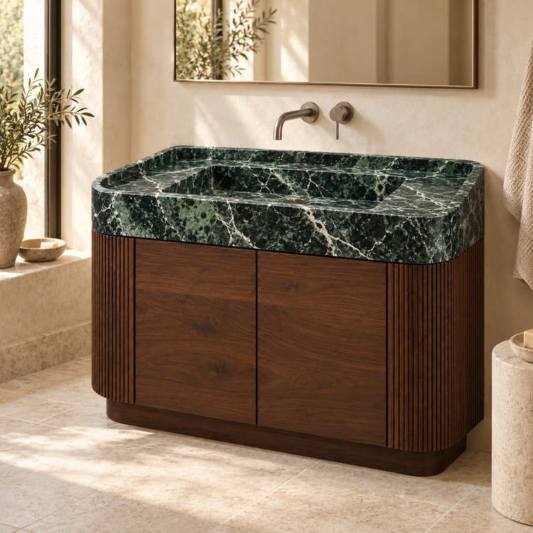 Verde Alpi Integrated Marble Sink with Curved Dark Walnut Vanity, styled bathroom view, design rendering