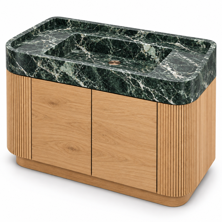 Verde Alpi Integrated Marble Sink with Curved Oak Vanity, three-quarter view on white, design rendering
