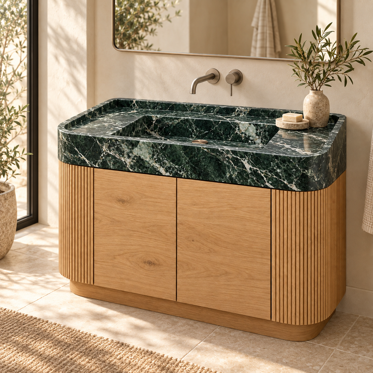 Verde Alpi Integrated Marble Sink with Curved Oak Vanity, styled bathroom view, design rendering