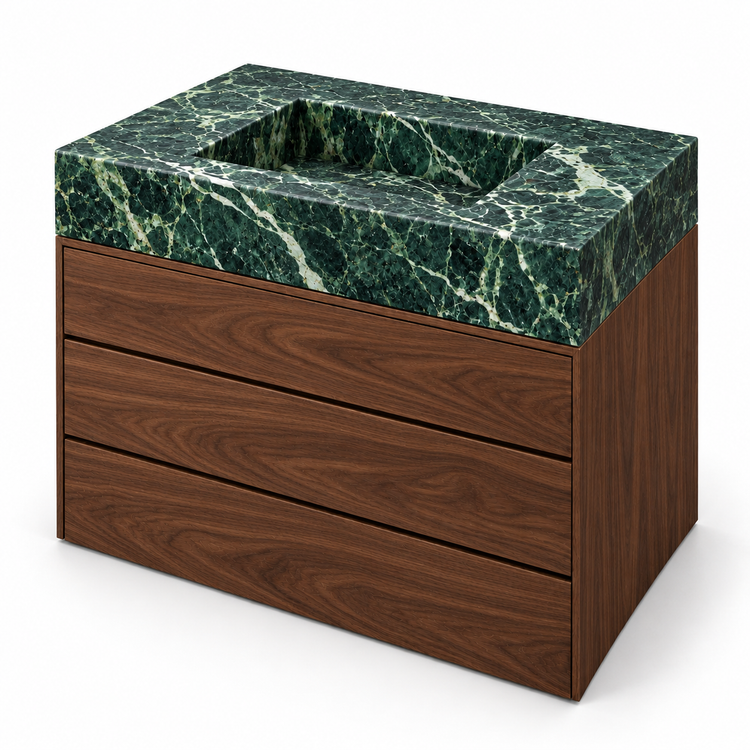 Verde Alpi Integrated Marble Sink with Three-Drawer Dark Walnut Vanity, three-quarter view on white, design rendering
