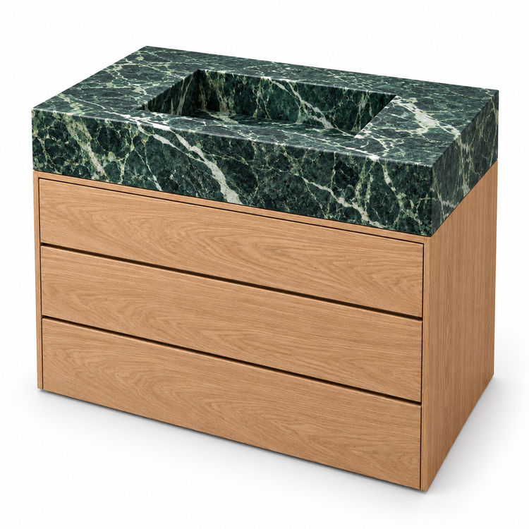 Verde Alpi Integrated Marble Sink with Three-Drawer Oak Vanity, three-quarter view on white, design rendering