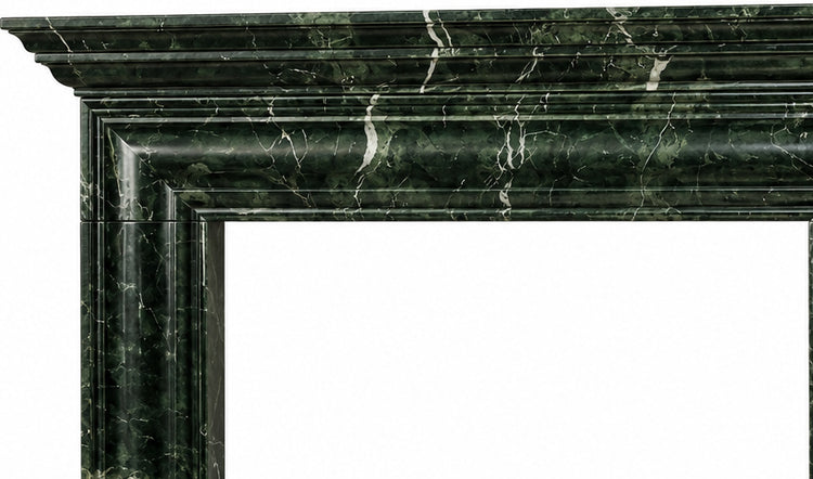 Verde Alpi Layered Cornice Bolection Marble Fireplace Surround - upper mantel and carved profile detail