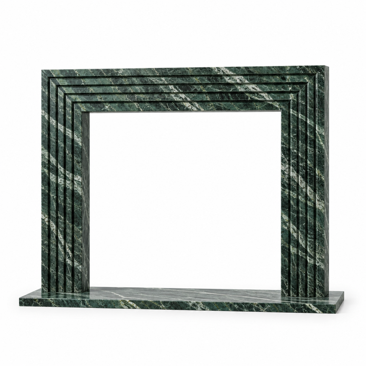 Verde Alpi Linear Stepped Marble Fireplace Surround with Hearth on white background