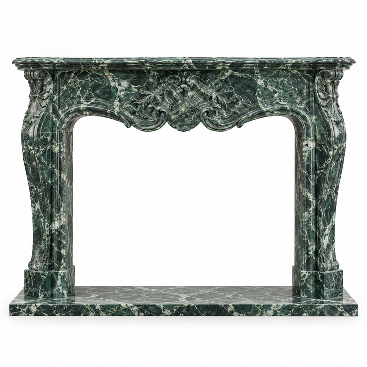 Verde Alpi Louis XV Carved Marble Fireplace Mantel with Hearth on white background
