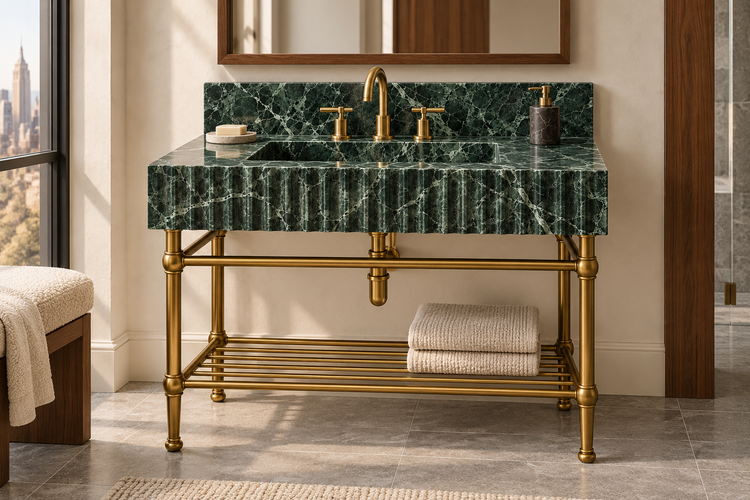 Verde Alpi Marble Fluted Console Sink with Backsplash and Metal Legs and Rack Shelf, installed room hero, lifestyle design rendering