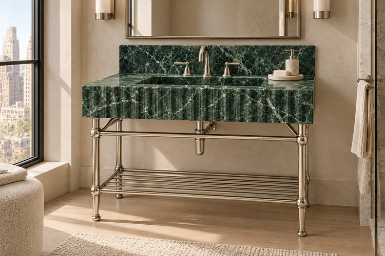 Verde Alpi Marble Fluted Console Sink with Backsplash and Nickel Legs, installed room hero, lifestyle design rendering