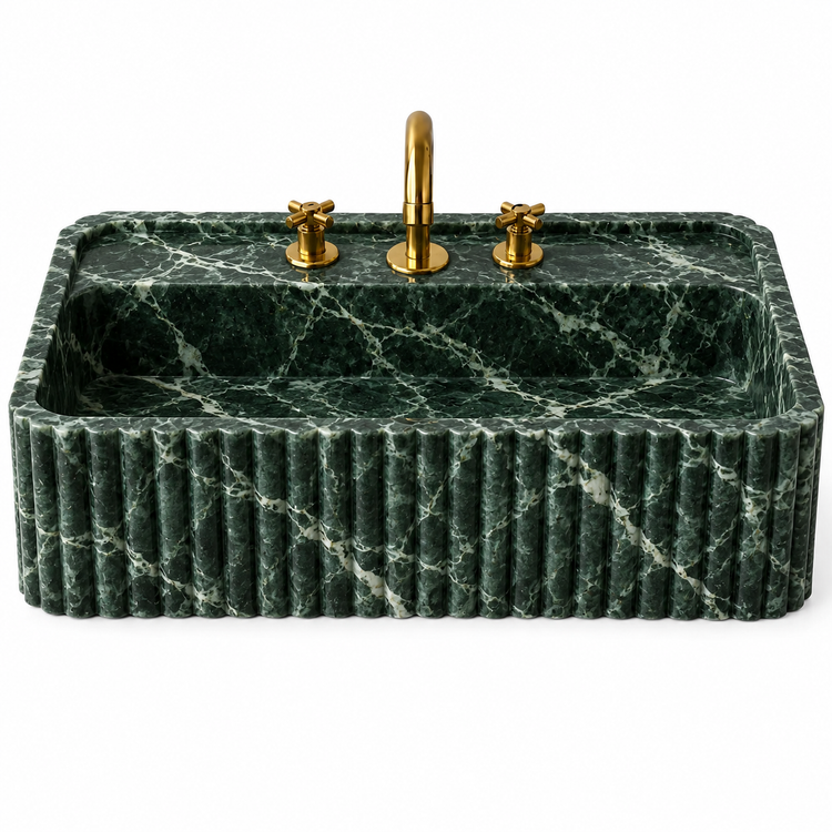 Verde Alpi Marble rounded fluted bathroom sink, illustrative rendering