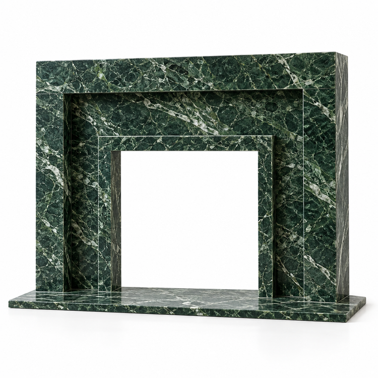 Verde Alpi Stepped Portal Marble Fireplace Surround with Hearth on white background