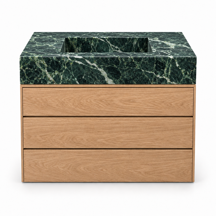 Verde Alpi integrated sink and oak three-drawer vanity, front view