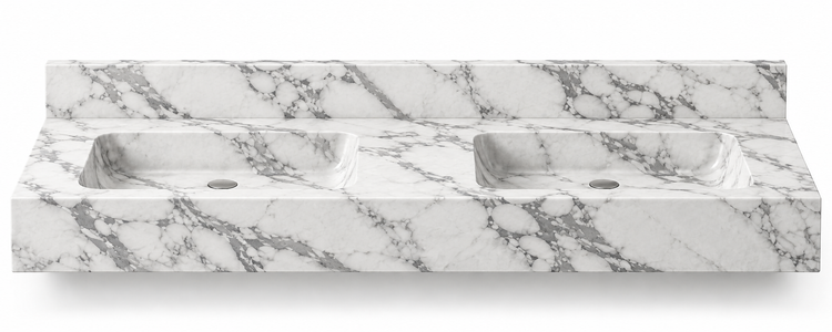 Aperture Arabescato double basin floating sink, front view design rendering
