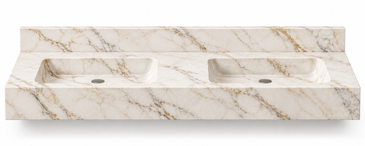 Aperture Calacatta Gold double basin floating sink, front view design rendering