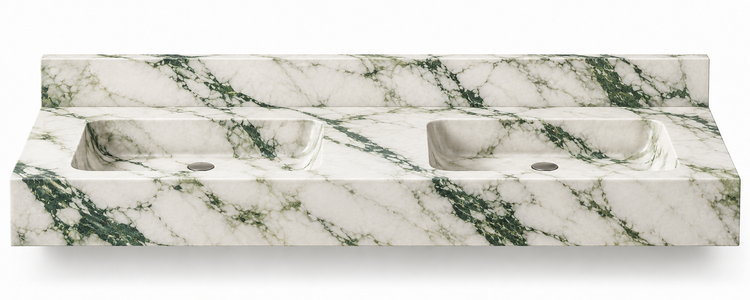 Aperture Calacatta Green double basin floating sink, front view design rendering