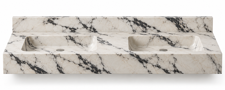 Aperture Calacatta Viola double basin floating sink, front view design rendering